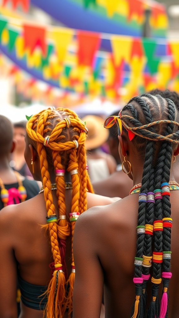 Two women with colorful knotless braids at a festival, showcasing vibrant hairstyles with accessories.
