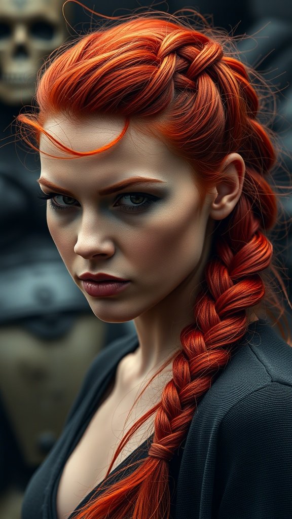 A woman with fiery red knotless braids, showcasing a bold and vibrant hairstyle.