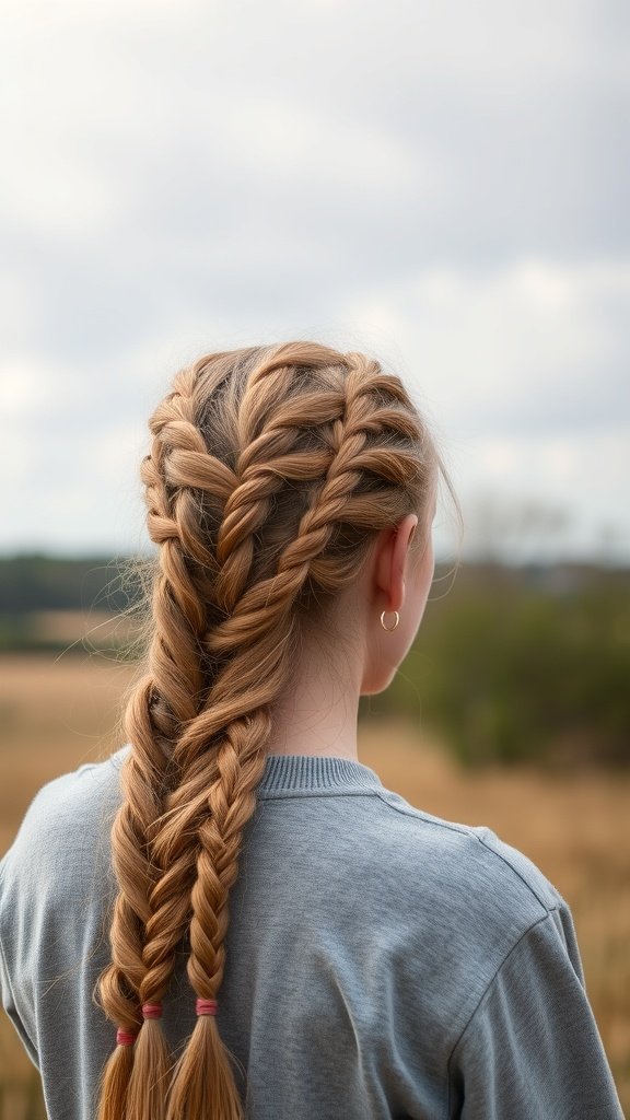 A person with honey blonde knotless braids styled in two sections, showcasing the intricate braiding technique.