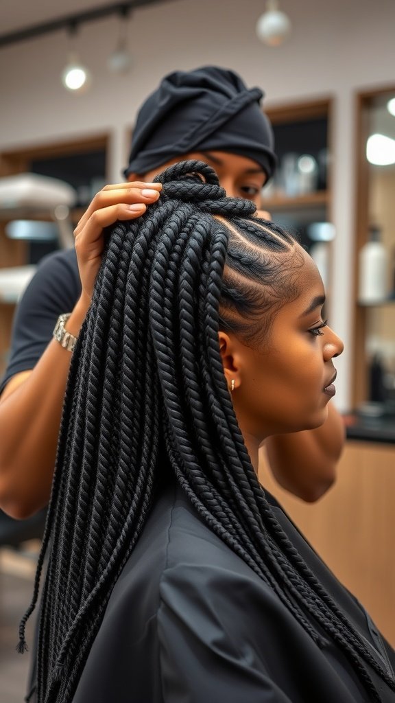 A stylist working on a client's jumbo knotless box braids in a salon.