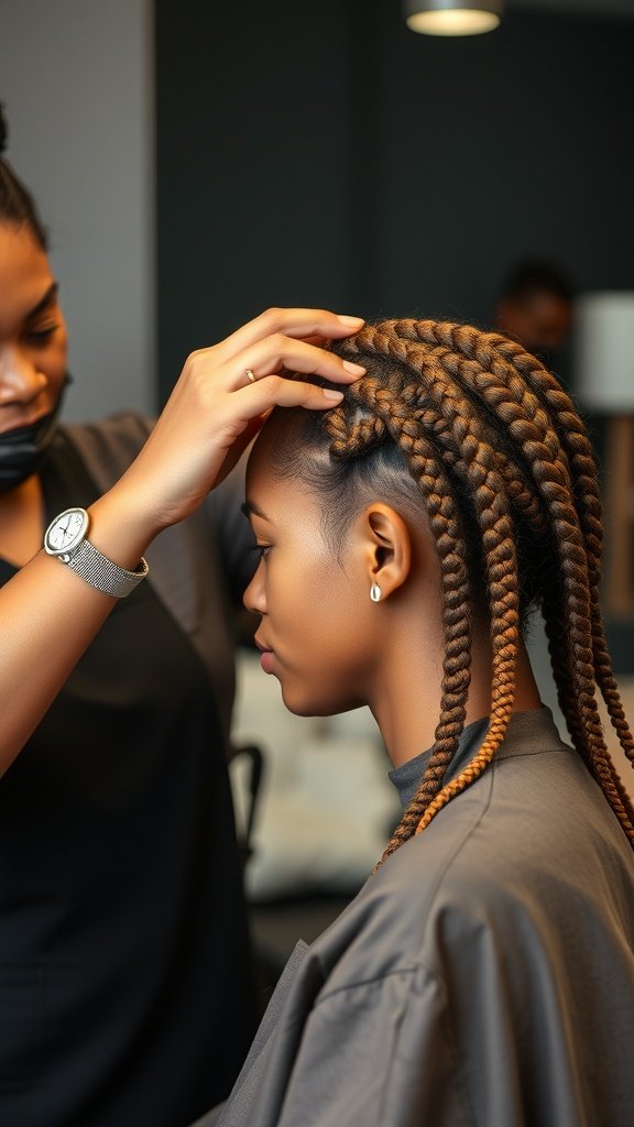 A stylist working on a client's honey brown knotless braids in a salon setting.
