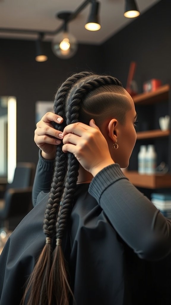 A stylist working on a client's medium knotless braids in a modern salon setting.