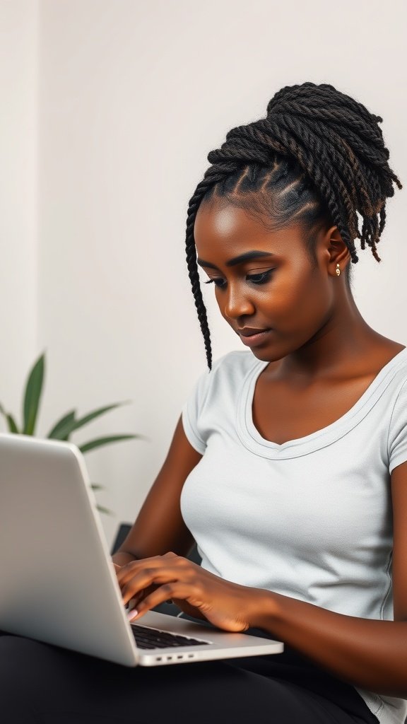 A woman working on a laptop, possibly researching hair braiding styles.