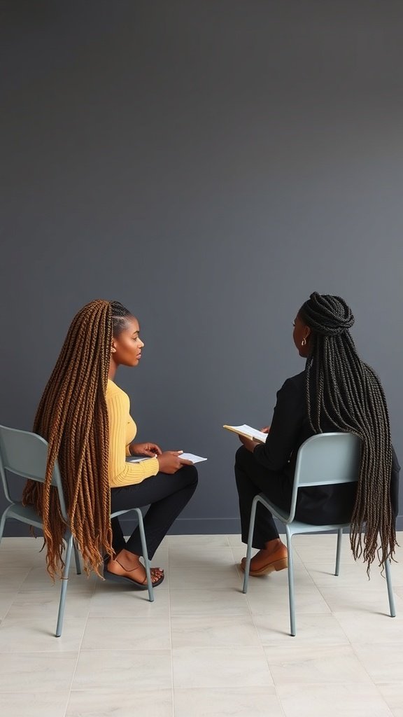Two women with large knotless braids sitting in chairs, showcasing different braid styles.