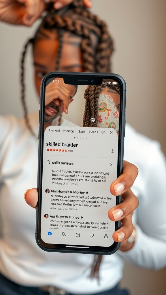 A person holding a phone showing reviews for a skilled braider, with braided hair in the background.