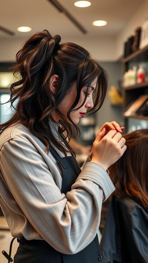A stylist working on a client's hair in a salon setting.