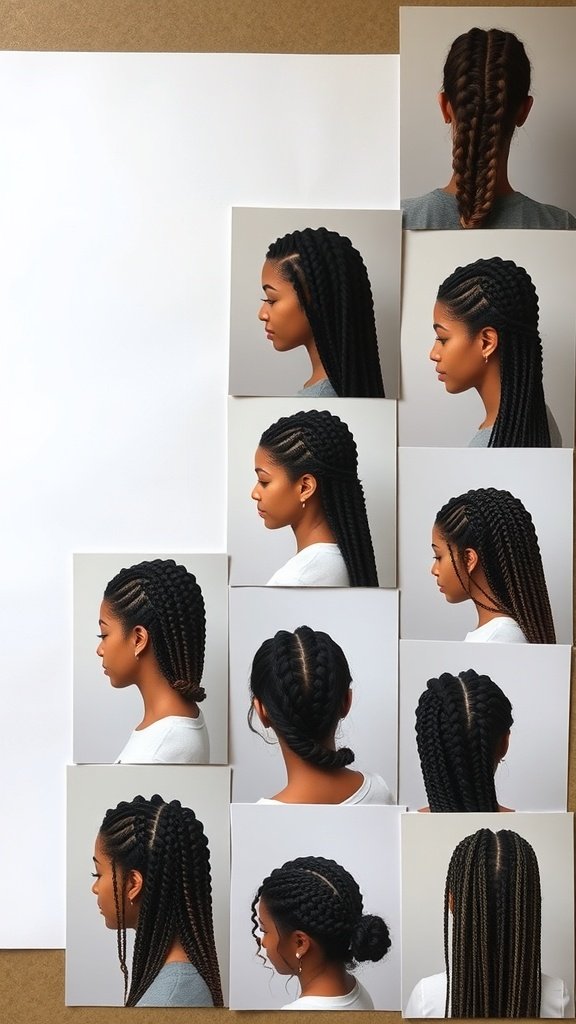 A collage of various medium boho knotless braid styles showcasing different patterns and hairstyles.