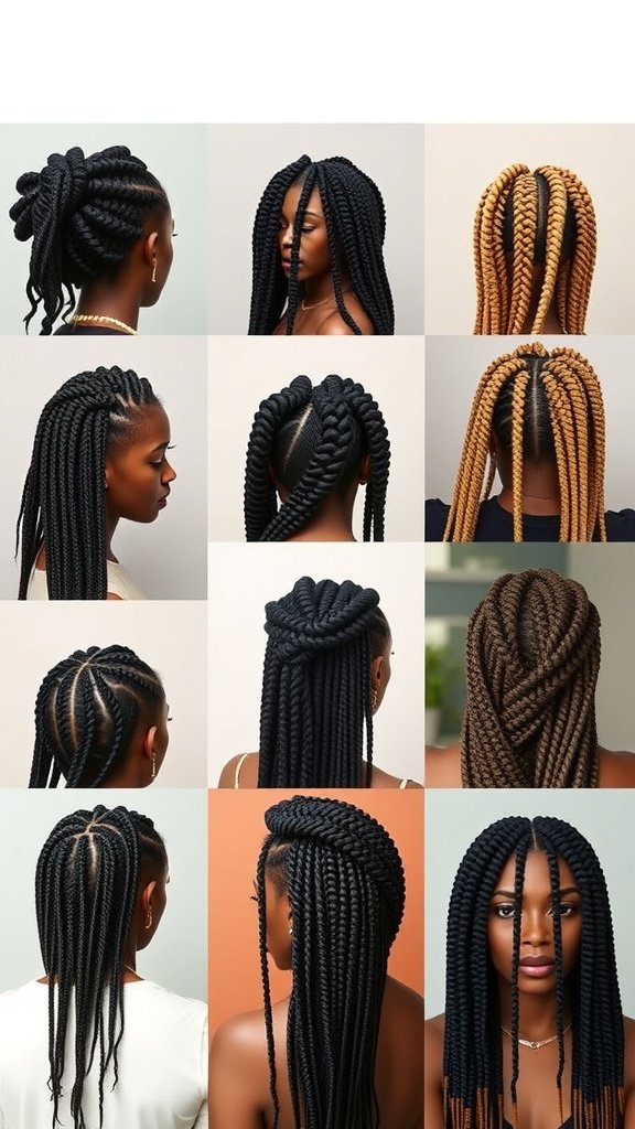 A collage of various knotless box braid hairstyles showcasing different styles, lengths, and colors.