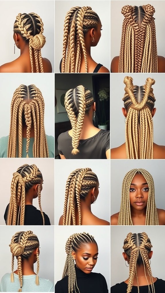 A collage of various blonde knotless box braid hairstyles showcasing different styles and patterns.