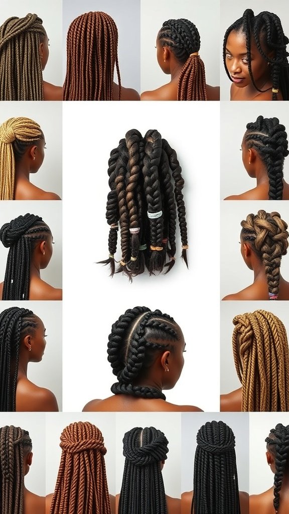 A collage of various jumbo boho knotless braid styles showcasing different colors and techniques.