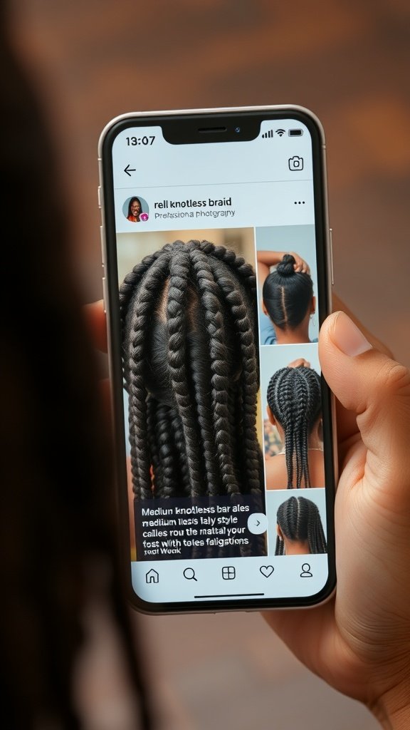 A person holding a phone displaying various styles of medium knotless braids on social media.