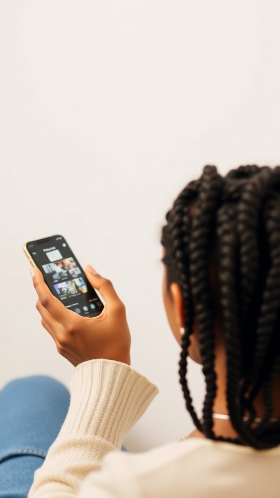 A person with medium knotless box braids looking at their phone