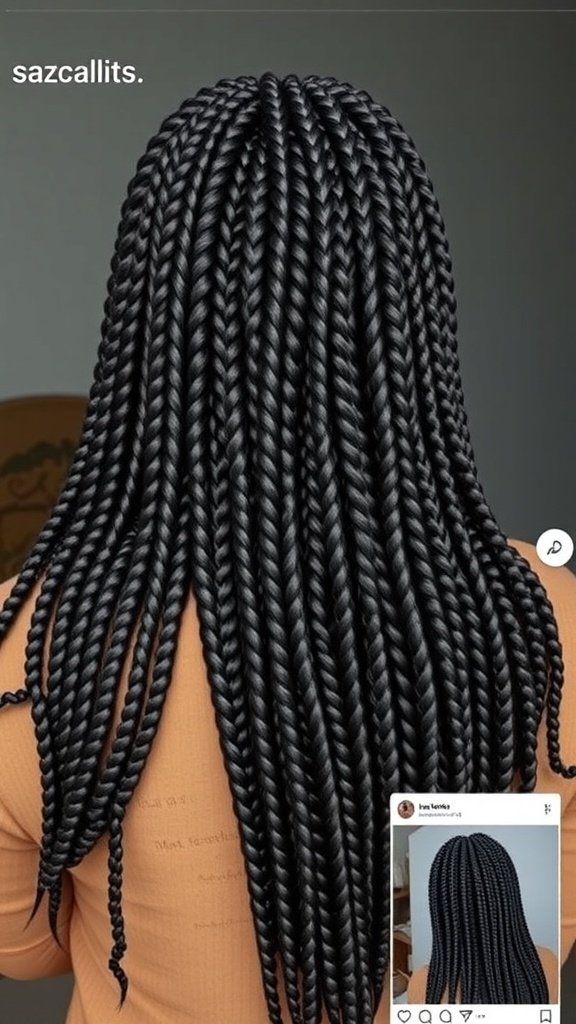 Image of long jumbo boho knotless braids styled beautifully.
