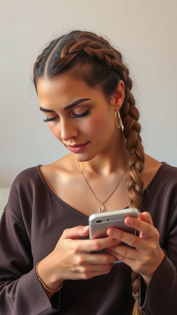 A woman with stylish braids looking at her phone