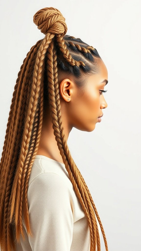A profile view of a woman with long, stylish knotless braids styled in a bohemian fashion.