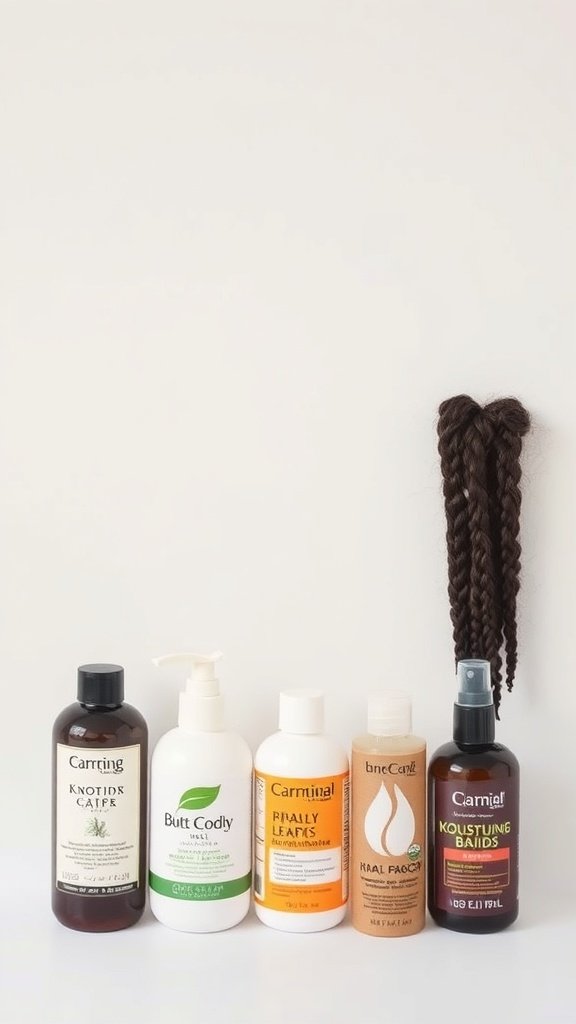 A selection of hair care products for styling short boho knotless braids, including moisturizing creams and styling gels.