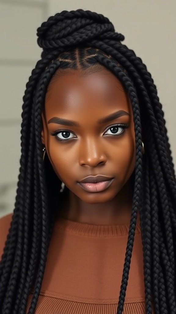 A woman with large knotless box braids styled elegantly, showcasing a protective hairstyle.