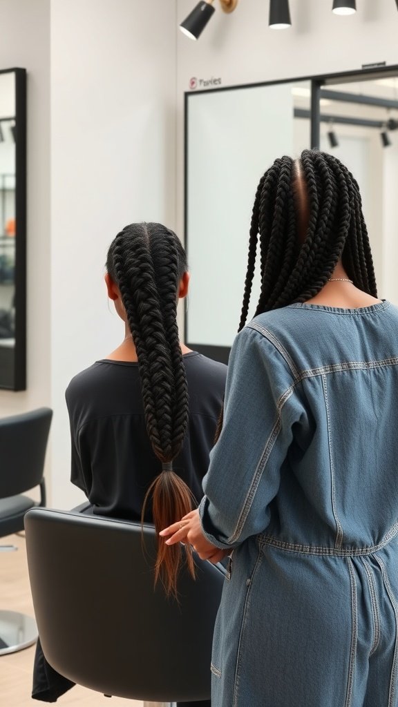 A stylist working on a client's knotless braids in a modern salon setting.