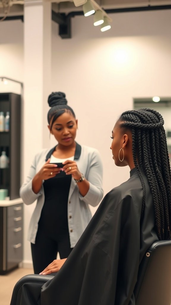 A stylist discussing options with a client for knotless braids in a modern salon.