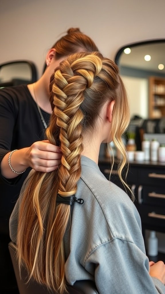 A stylist braiding a client's hair into a large boho knotless braid.