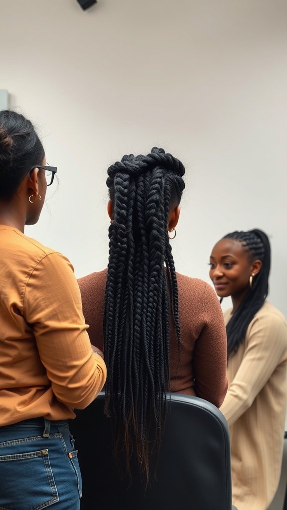 A stylist working on a client's hair in a salon, showcasing a moment of creativity and care.