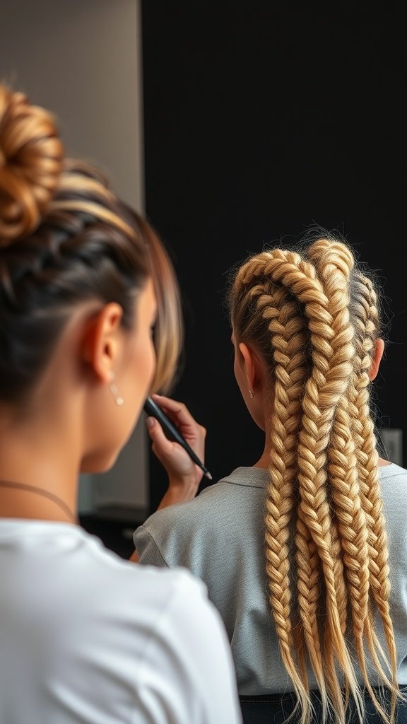 A stylist working on blonde knotless braids for a client, showcasing intricate braiding techniques.