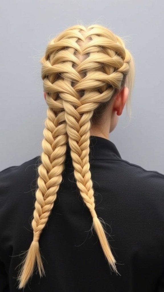 Back view of a person with honey blonde knotless braids, showcasing the neat and stylish braid pattern.