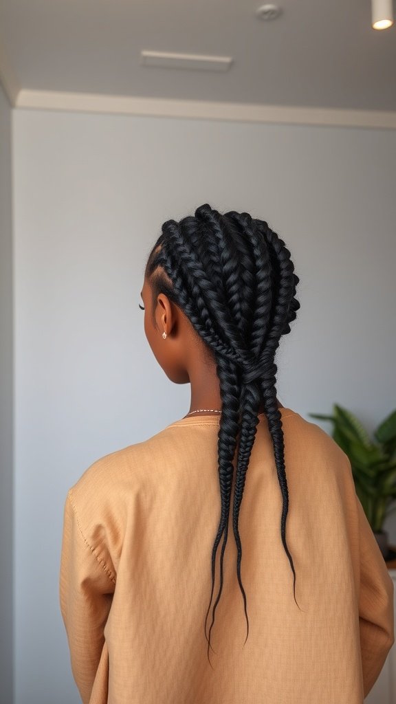 A woman showcasing beautiful jumbo boho knotless braids from the back, highlighting the intricate styling.