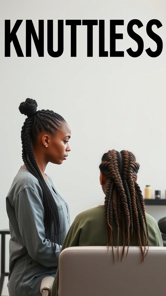 A stylist working on a client's knotless braids, showcasing the intricate process.
