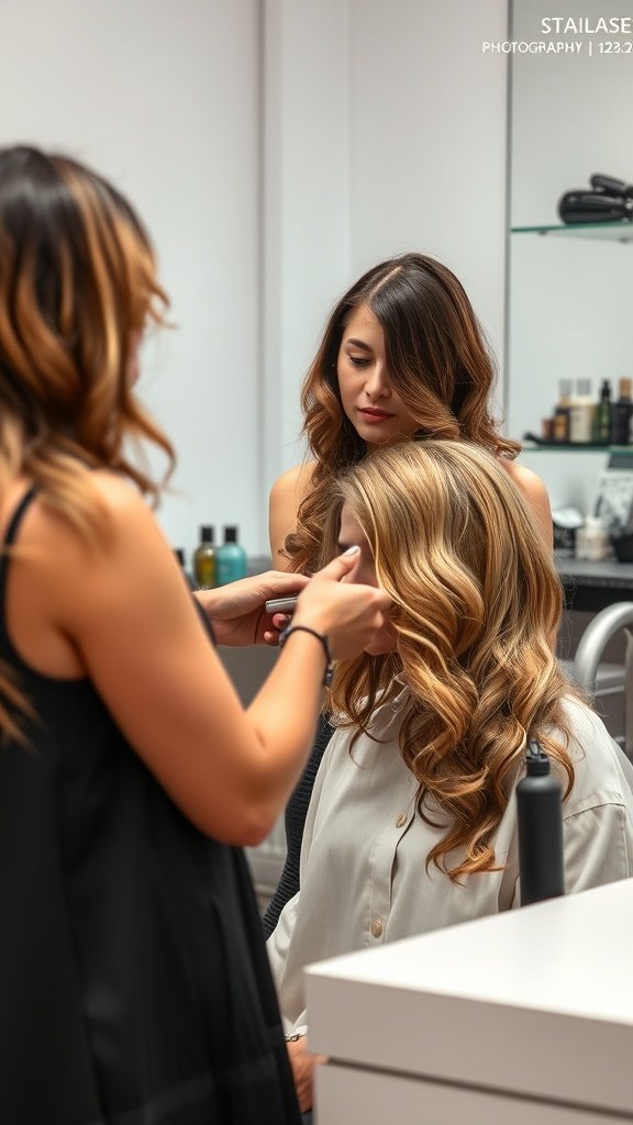 A stylist working on a client's hair in a salon, focusing on creating beautiful knotless braids.