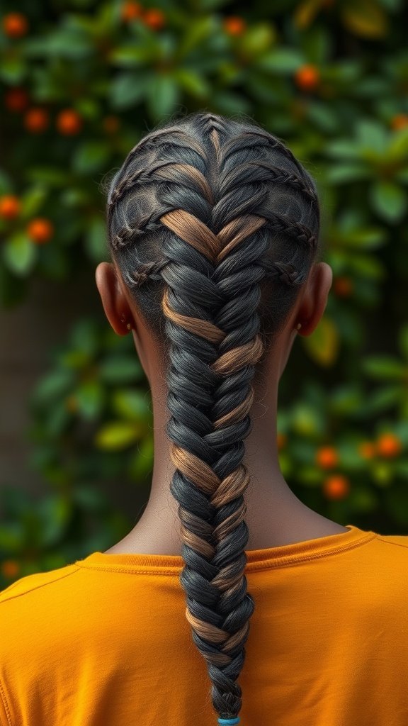 A fishtail braid styled with knotless box braids, showcasing a blend of colors and intricate design.