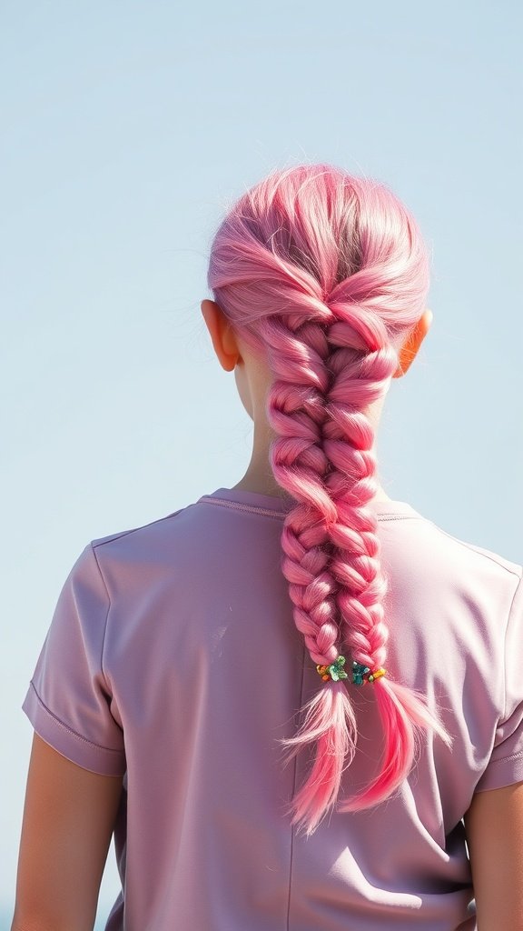 A person with flamingo pink knotless braids styled in a long braid.