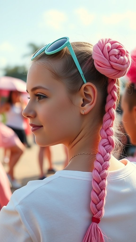 A young woman with flamingo pink knotless braids, wearing sunglasses and a casual outfit.