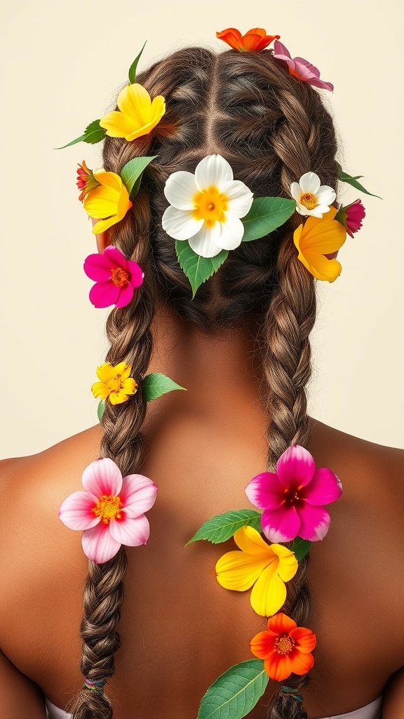 A close-up of a person with braided hair adorned with colorful flowers.