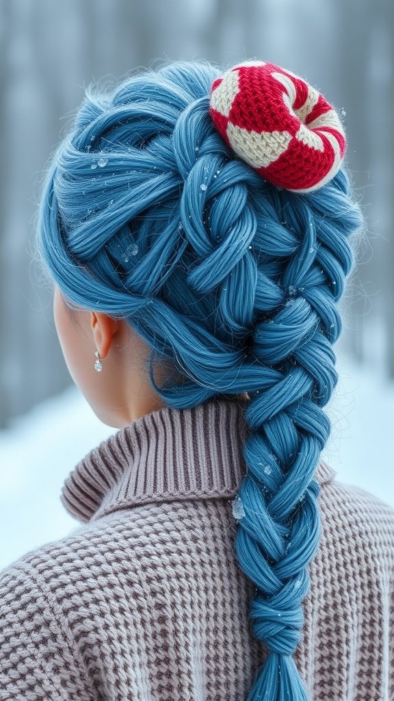 A person with frosted blue knotless braids styled elegantly with a red and white hair accessory.