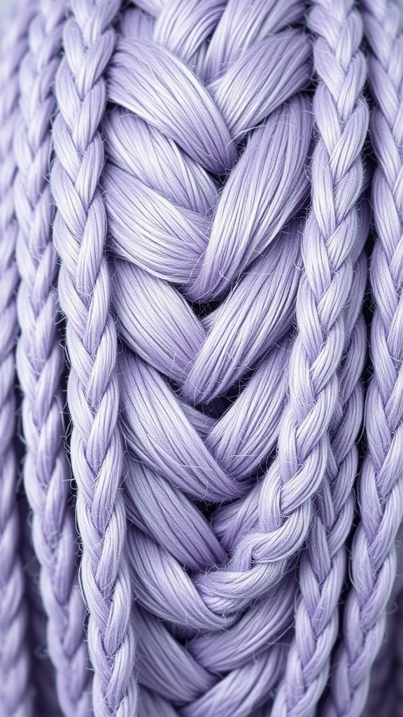 Close-up of frosted lavender knotless braids, showcasing their intricate pattern and soft color.