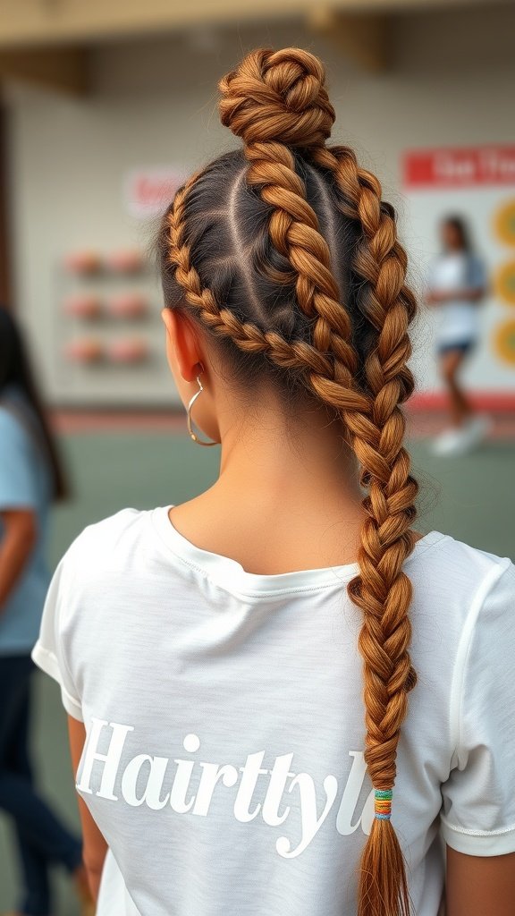 A stylish woman showcasing a boho knotless braids bob with a bun and colorful hair ties.