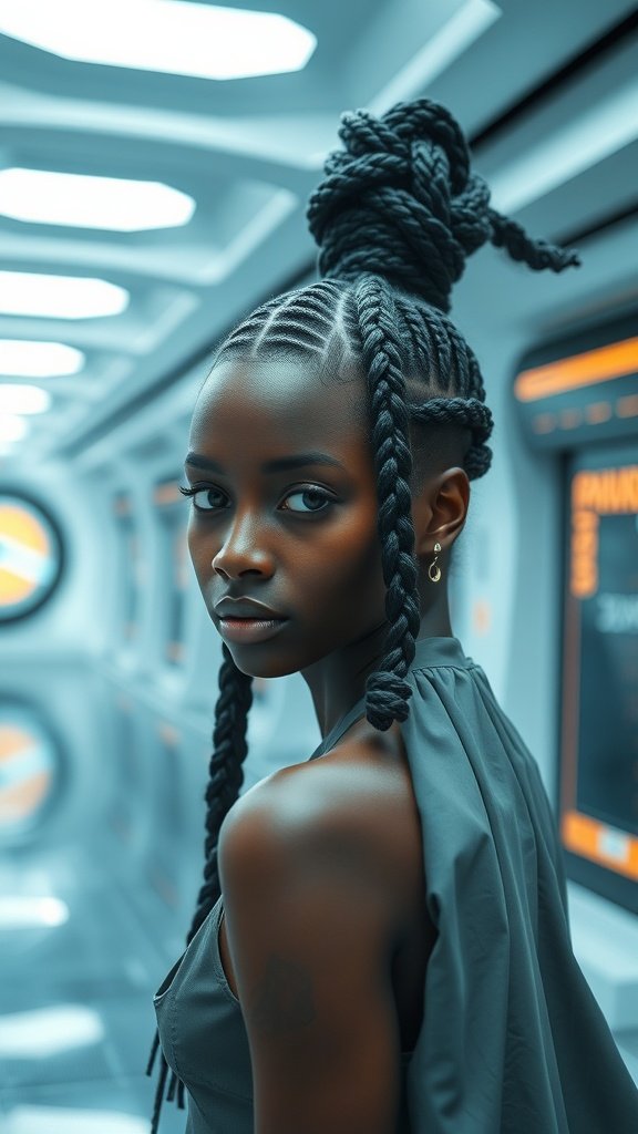A model showcasing large boho knotless braids styled in a chic ponytail, highlighting the futuristic take on this hairstyle.