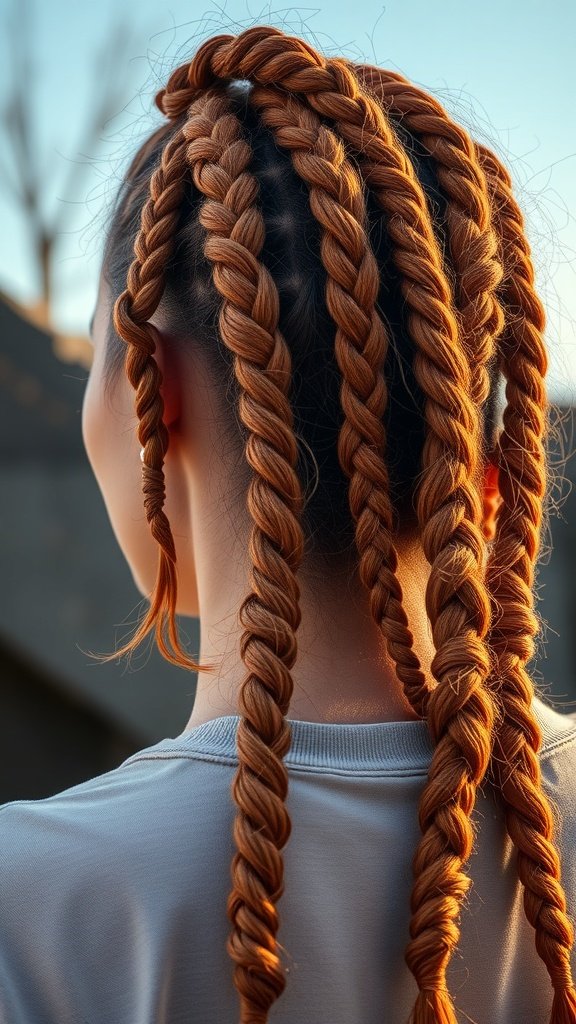 A close-up view of ginger knotless braids styled in a unique pattern, showcasing the vibrant color and intricate design.