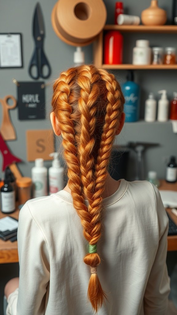 A person with ginger knotless braids styled in a creative way, showcasing the beauty of protective hairstyles.