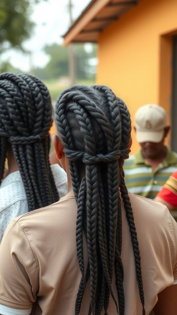 Two individuals with ginger knotless braids styled elegantly, showcasing a blend of tradition and modern flair.