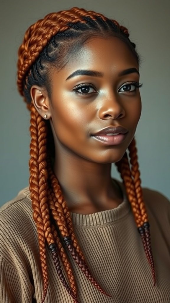 A person with ginger knotless braids styled elegantly.