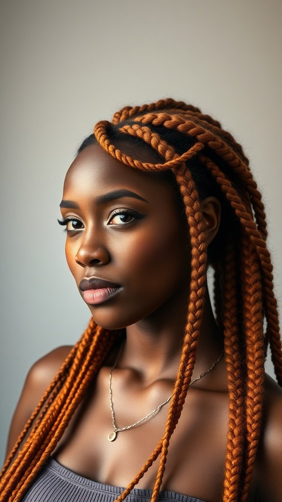 A model with ginger knotless braids, showcasing a stylish and vibrant hairstyle.