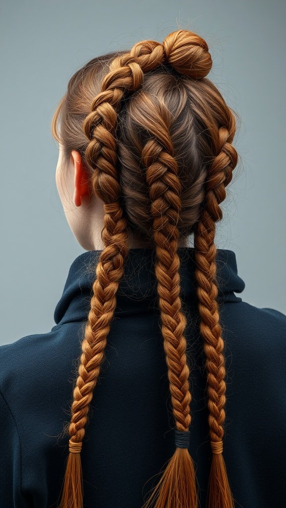 A close-up view of ginger knotless braids styled in a unique pattern.