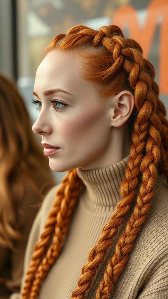 A woman with ginger knotless braids styled elegantly.