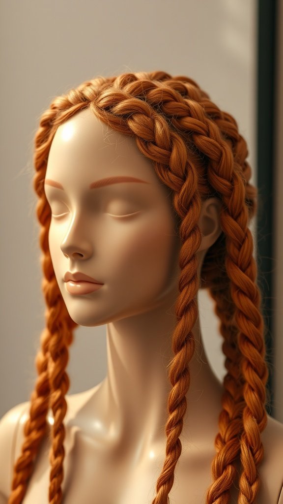 A mannequin with ginger knotless braids styled elegantly.
