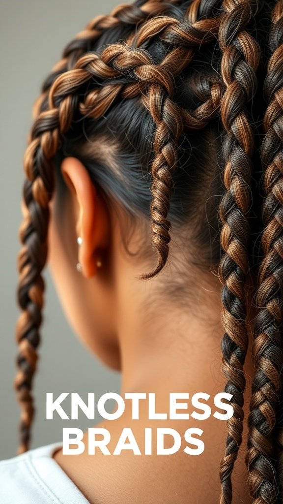 A close-up of knotless braids showcasing a blend of ginger and dark hair colors.