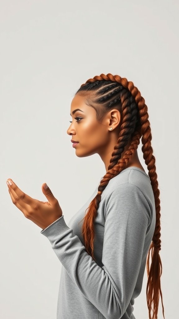 A woman showcasing ginger knotless braids, styled elegantly with a side profile view.