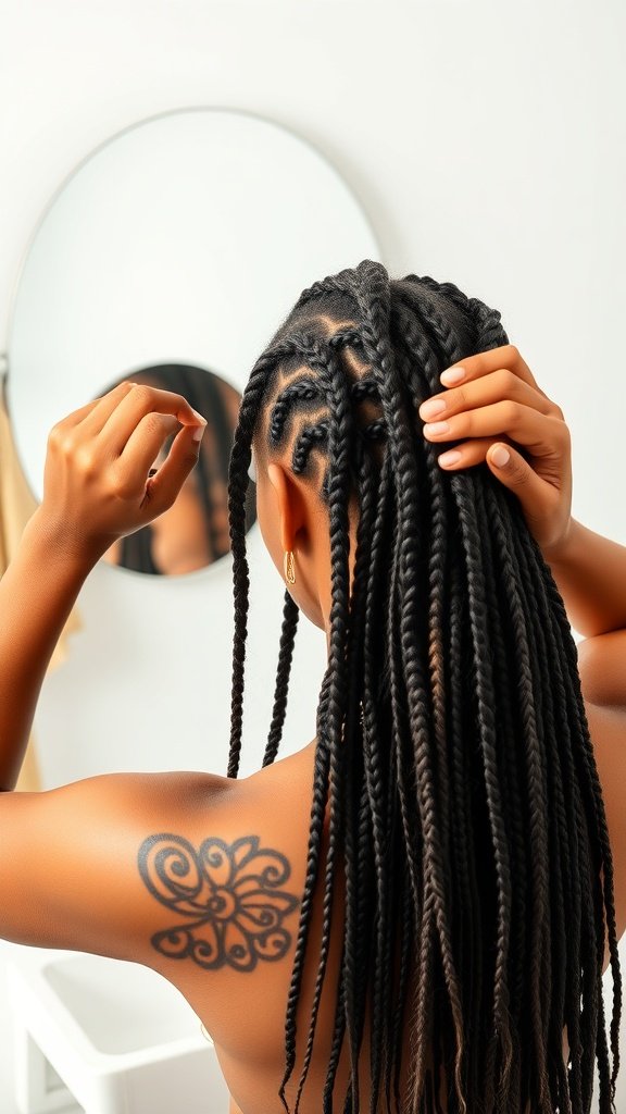 A person adjusting their ginger knotless braids in front of a mirror, showcasing a stylish protective hairstyle.