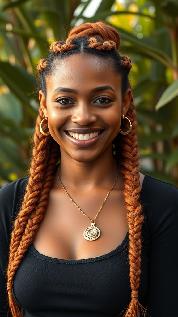 A woman smiling with ginger knotless braids, wearing a gold necklace, surrounded by greenery.